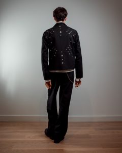 JAGYCH AW 25 ESSENTIALES BRUTAL REFINEMENT METAL HEART WOOL JACKET BYRON SHIRT IN WHITE TROUSERS CHAIN