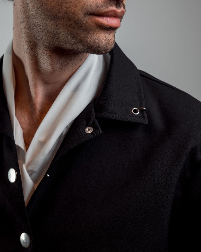 JAGYCH AW 25 ESSENTIALES BRUTAL REFINEMENT METAL HEART WOOL JACKET BYRON SHIRT IN WHITE TROUSERS CHAIN