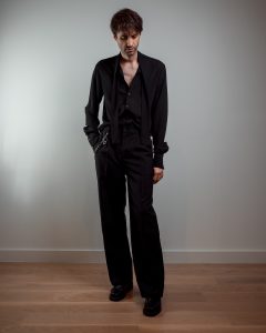 JAGYCH AW 25 ESSENTIALS BRUTAL REFINEMENT BYRON SHIRT IN BLACK TROUSERS CHAIN