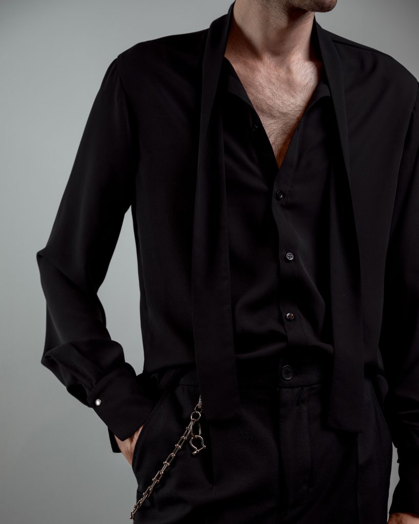 JAGYCH AW 25 ESSENTIALS BRUTAL REFINEMENT BYRON SHIRT IN BLACK TROUSERS CHAIN