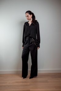 JAGYCH AW 25 ESSENTIALS BRUTAL REFINEMENT BYRON SHIRT IN BLACK CRYSTAL CROSS EARINGS TROUSERS CHAIN
