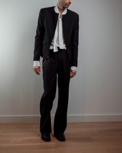 JAGYCH AW 25 ESSENTIALS BRUTAL REFINEMENT OSCAR WOOL JACKET BYRON SHIRT IN WHITE TROUSERS CHAIN