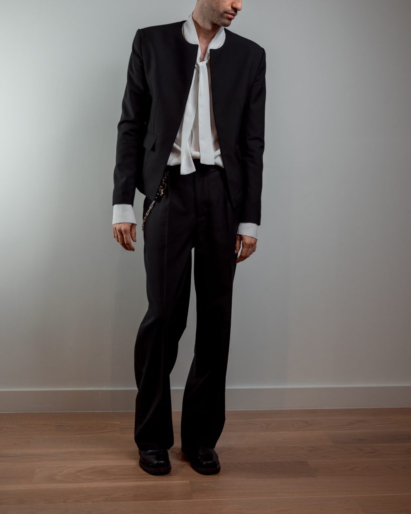 JAGYCH AW 25 ESSENTIALS BRUTAL REFINEMENT OSCAR WOOL JACKET BYRON SHIRT IN WHITE TROUSERS CHAIN