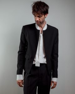 JAGYCH AW 25 ESSENTIALS BRUTAL REFINEMENT OSCAR WOOL JACKET BYRON SHIRT IN WHITE TROUSERS CHAIN