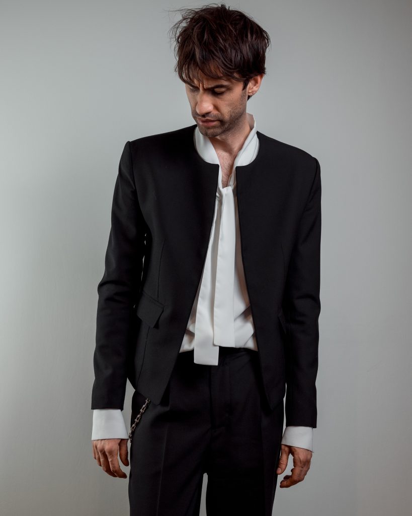 JAGYCH AW 25 ESSENTIALS BRUTAL REFINEMENT OSCAR WOOL JACKET BYRON SHIRT IN WHITE TROUSERS CHAIN