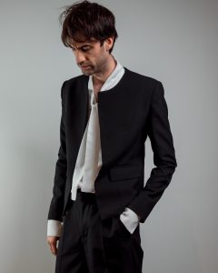 JAGYCH AW 25 ESSENTIALS BRUTAL REFINEMENT OSCAR WOOL JACKET BYRON SHIRT IN WHITE TROUSERS CHAIN