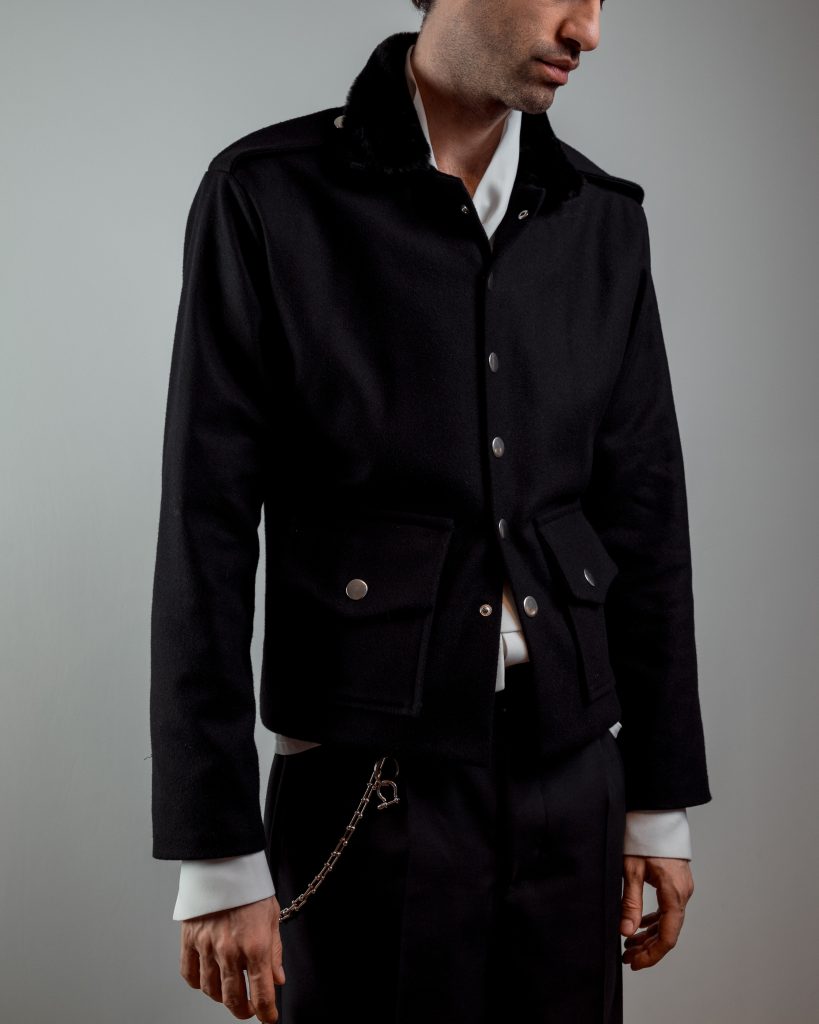 JAGYCH AW 25 ESSENTIALS BRUTAL REFINEMENT WOOL JACKET WITH FAUX FUR COLLAR BYRON SHIRT IN WHITE TROUSERS CHAIN