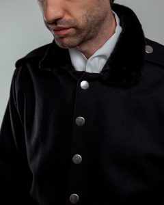 JAGYCH AW 25 ESSENTIALS BRUTAL REFINEMENT WOOL JACKET WITH FAUX FUR COLLAR BYRON SHIRT IN WHITE TROUSERS CHAIN